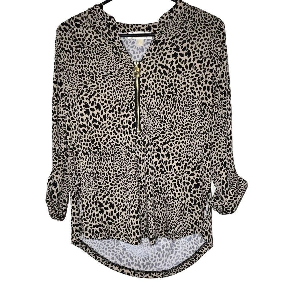 Michael Kors Women Shirt Top Wmns Sz Small Leopard Print 1/2 Zip Gold Hardware